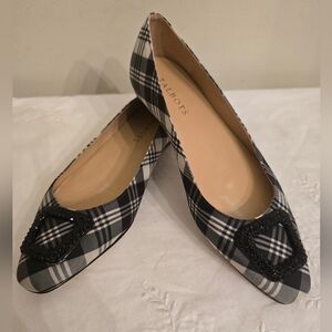 Talbots Rumi Jewel- Black & White Tartan Plaid With Black Embelishment Size 7M